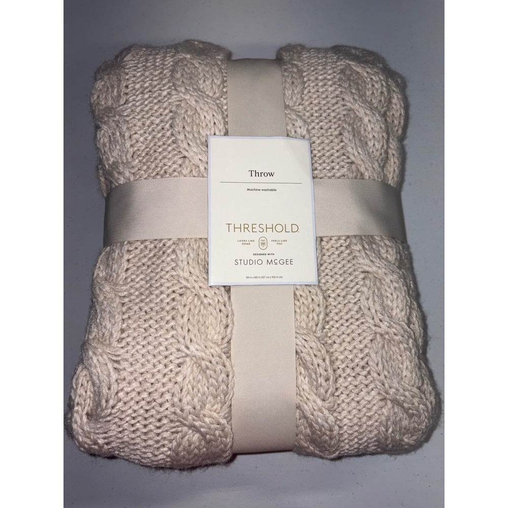 Threshold Studio McGee Cable Knit Tassel Braided Throw Blanket Cream 50x60 NEW